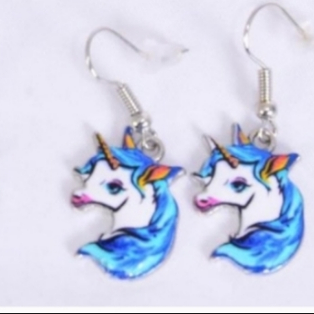 Unicorn Earrings Colorful Acrylic white Blue horse on stainless steel wires NEW